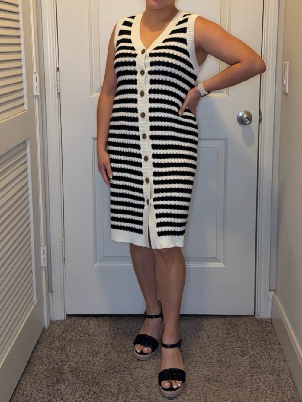 Black & White Striped Knit Button-Front Midi Dress (Chic + Classic)